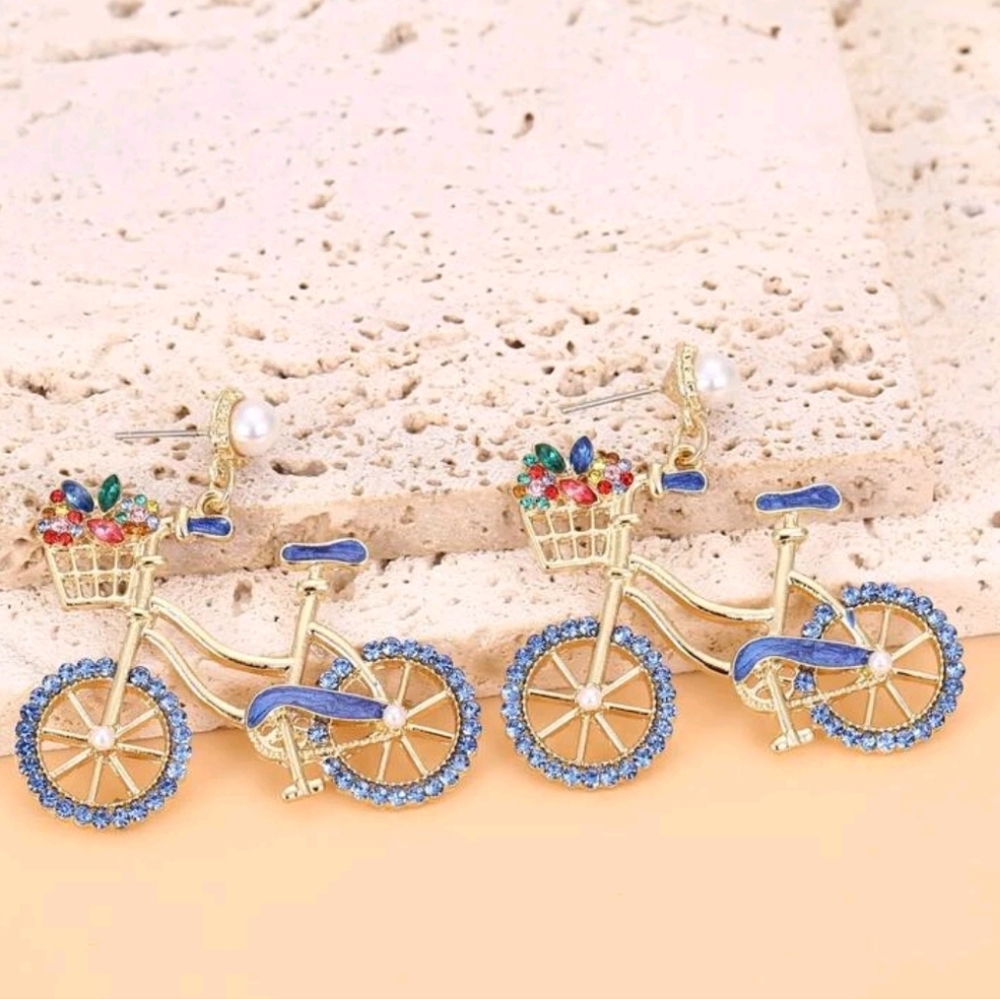 Blue & Gold Bike Rhinestone Earring✨️ - Picture 2 of 7